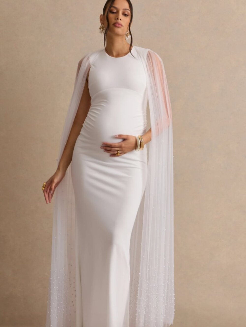 White Round-Neck Maternity Maxi Dress With Sheer Cape